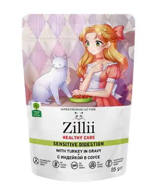 Zillii Healthy Care Sensitive Digestion влажный корм для взрослых кошек с чувствительным пищеварением, с индейкой в соусе (пауч)